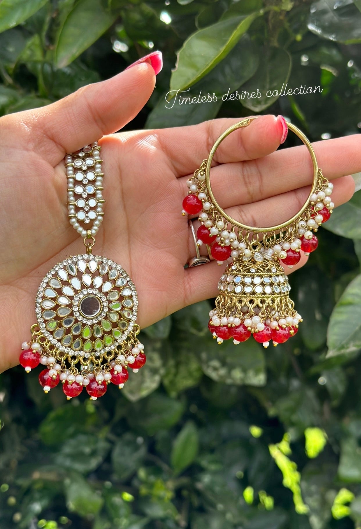 Red waliya earrings with Tikka in mirror