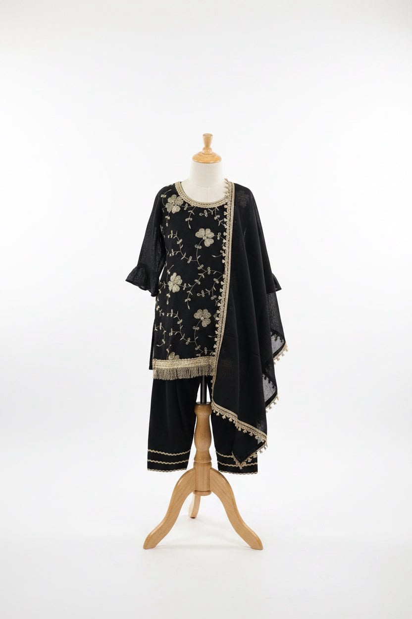 Kids handwork slawar Suit in colour black on party wear fabric paired up with duppta ( sleeves attached )