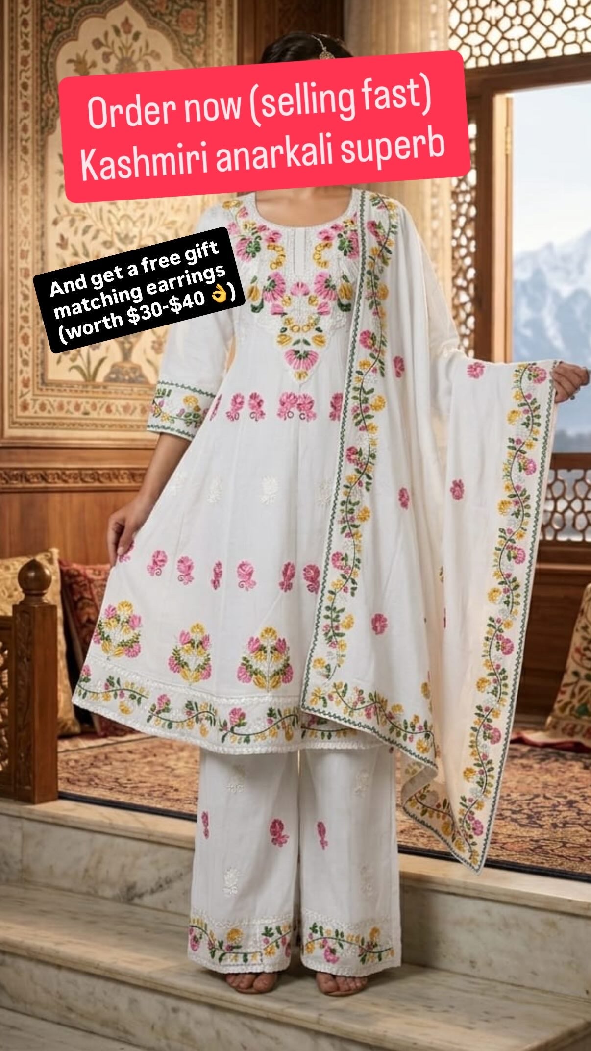 Taking pre orders ( 2-3 weeks timeframe ) on high demand of this Kashmiri suit and grab free earrings with it as gift