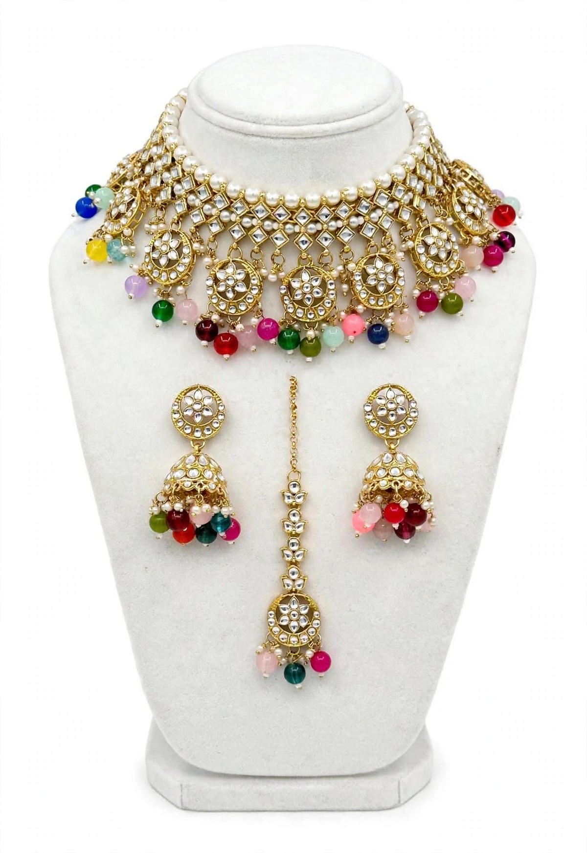 Multi colour necklace set with Jhumka earrings and tikka in kundan- n82