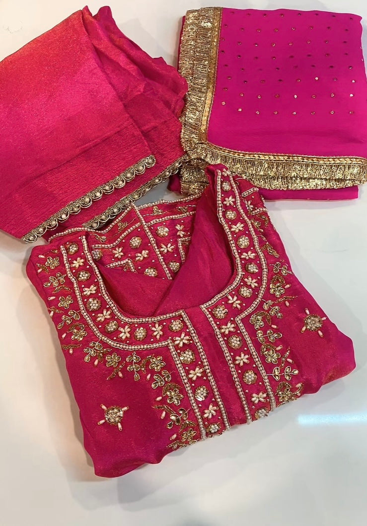 Rani Pink Handwork Suit on shimmer silk - ( Code: 739 )