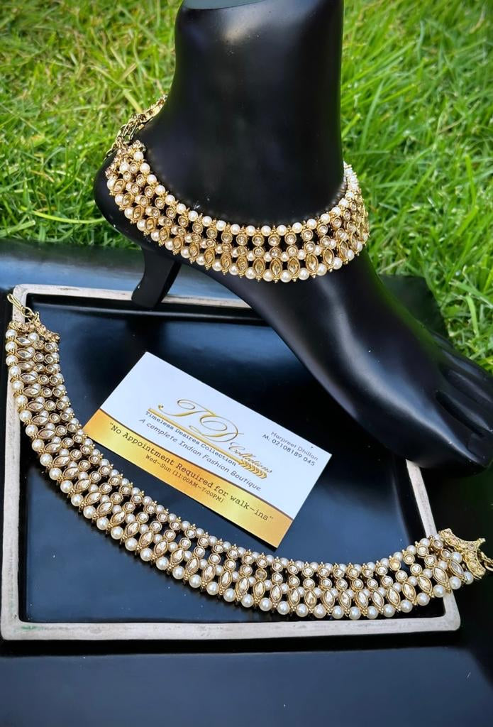 Triple stone golden Polki anklets / jhanjra (TD-21)