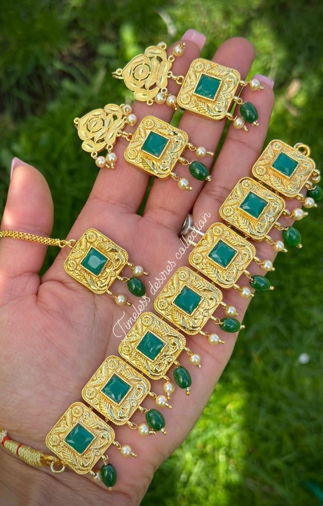 Gold Plated Punjabi Traditional Jewellery set in Green