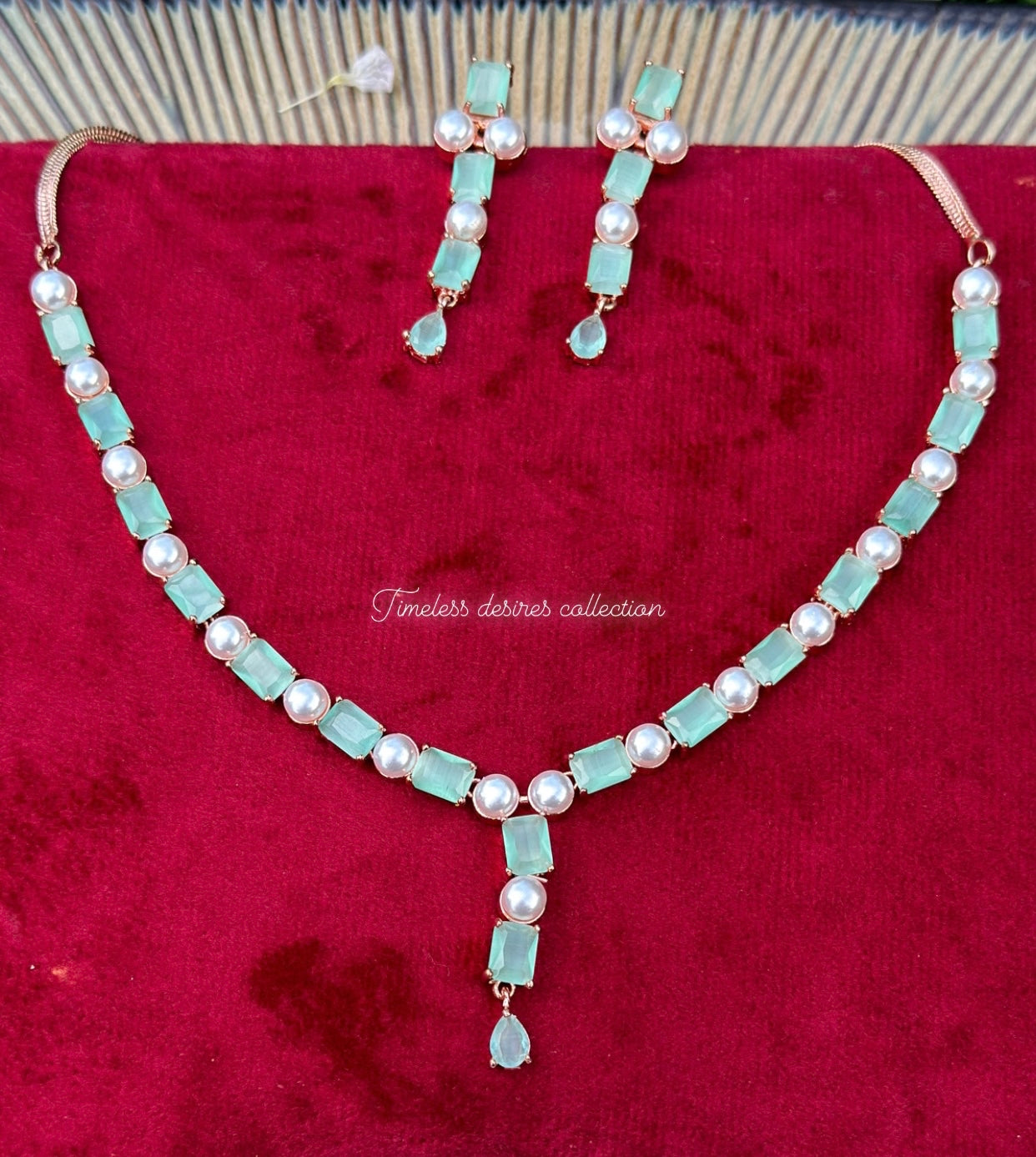Mint green American diamond necklace set ( rose gold polish )