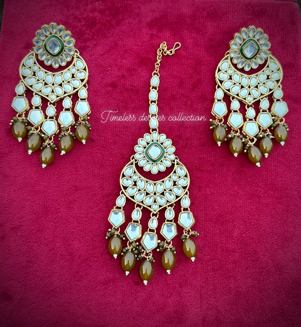 Mehndi green earrings and tikka set in Kundan