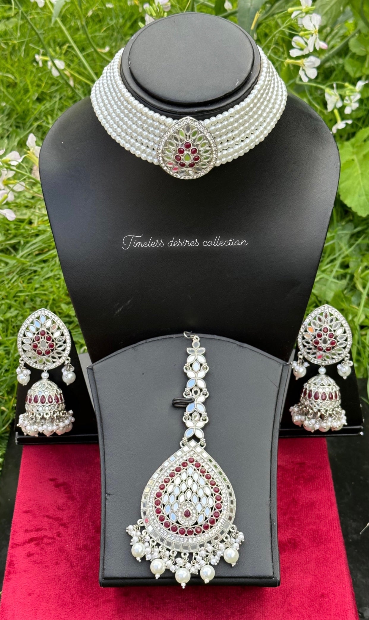 Maroon choker / necklace set in mirror with Jhumka earrings in silver polish