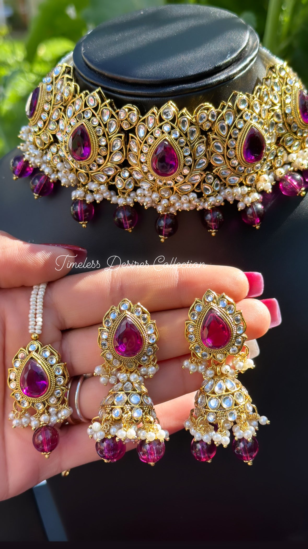 Purple choker / necklace set with Jhumka earrings in Kundan with antique polish