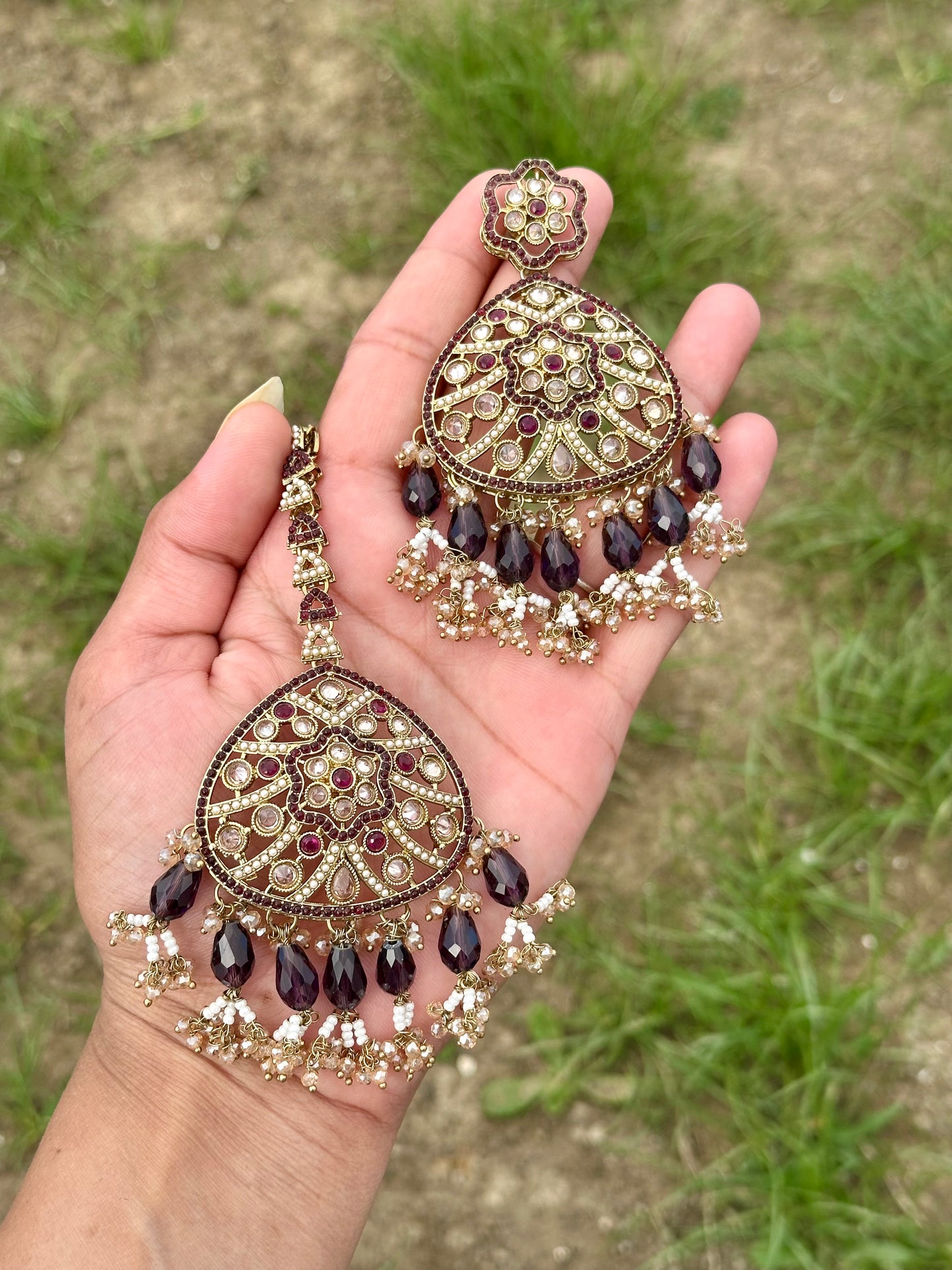 Dark purple earrings with tikka - J21