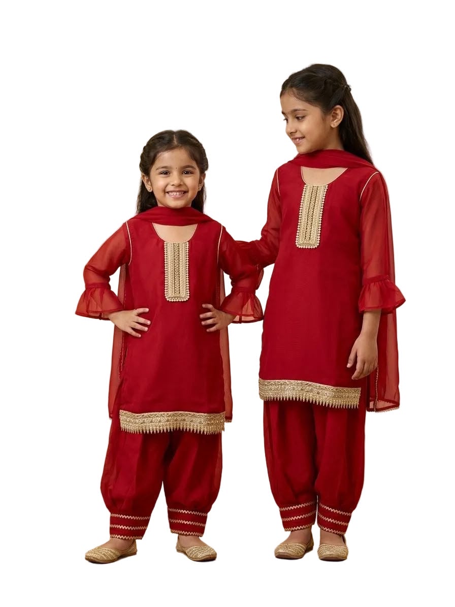 Kids Afghani salwar suit in beautiful red colour enhanced with stunning laces , paired up with Georgeous red duppta on Georgette fabric