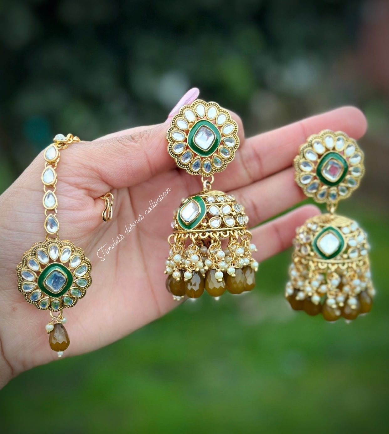 Mehndi green Jhumka Earrings with tikka in Kundan