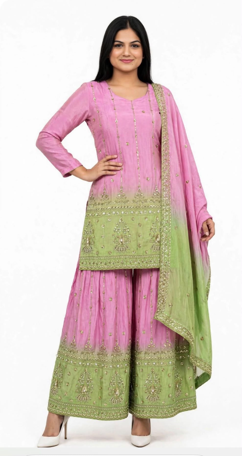 Ombré Boutique designer Heavy party wear Handwork Sharara / Lehnga suit in shimmer silk with heavy handwork duppta - Colour : Pink + Light Green ( Code : 370)
