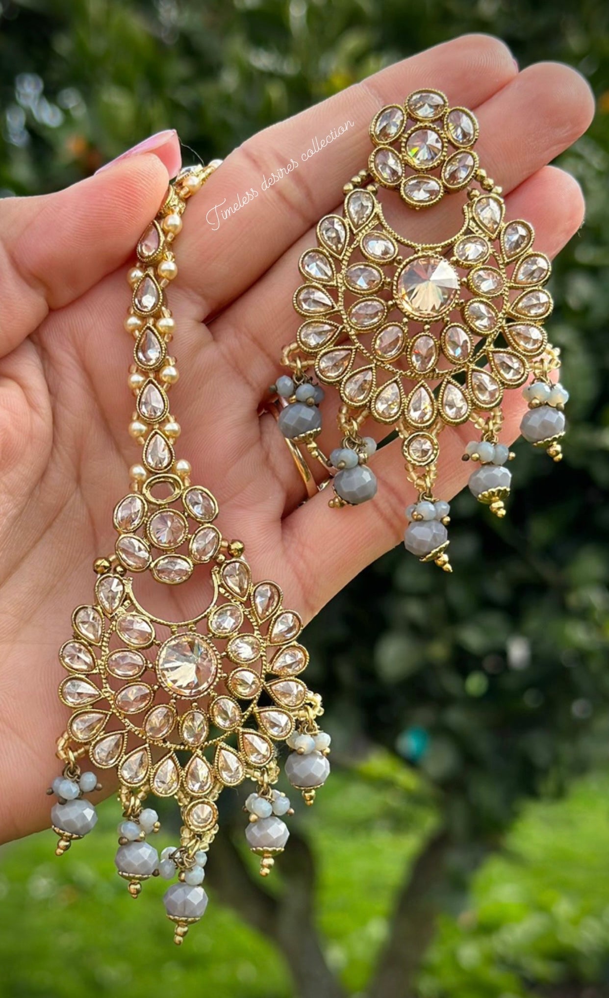 Grey earnings and tikka set in reverse AD ( high quality of Polki )