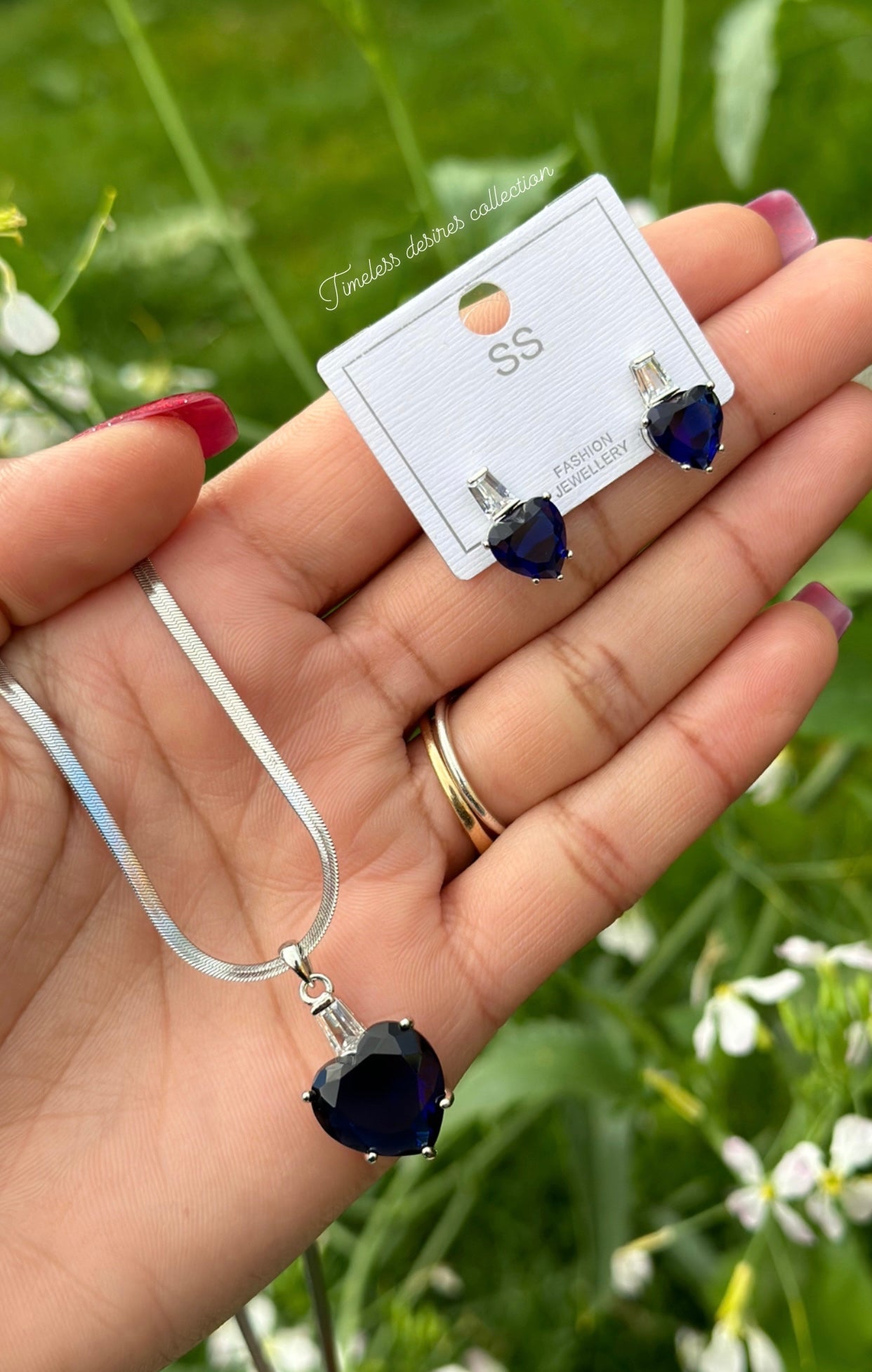 Blue American diamond necklace set with earrings in silver polish