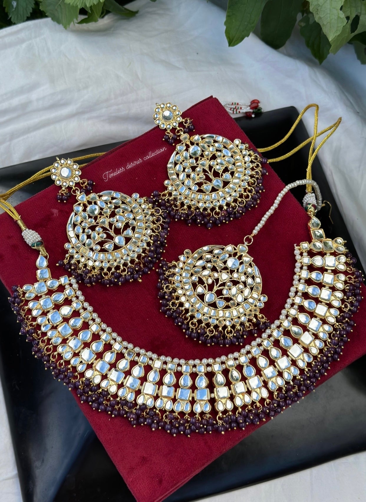 Purple Necklace / choker set in Kundan with oversized earrings and tikka ( high quality )
