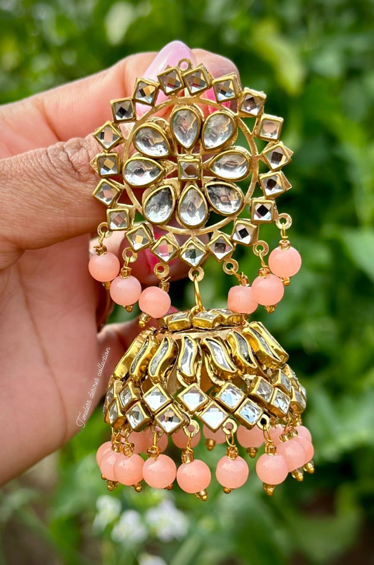 Peach Jhumka earrings with Tikka in Kundan