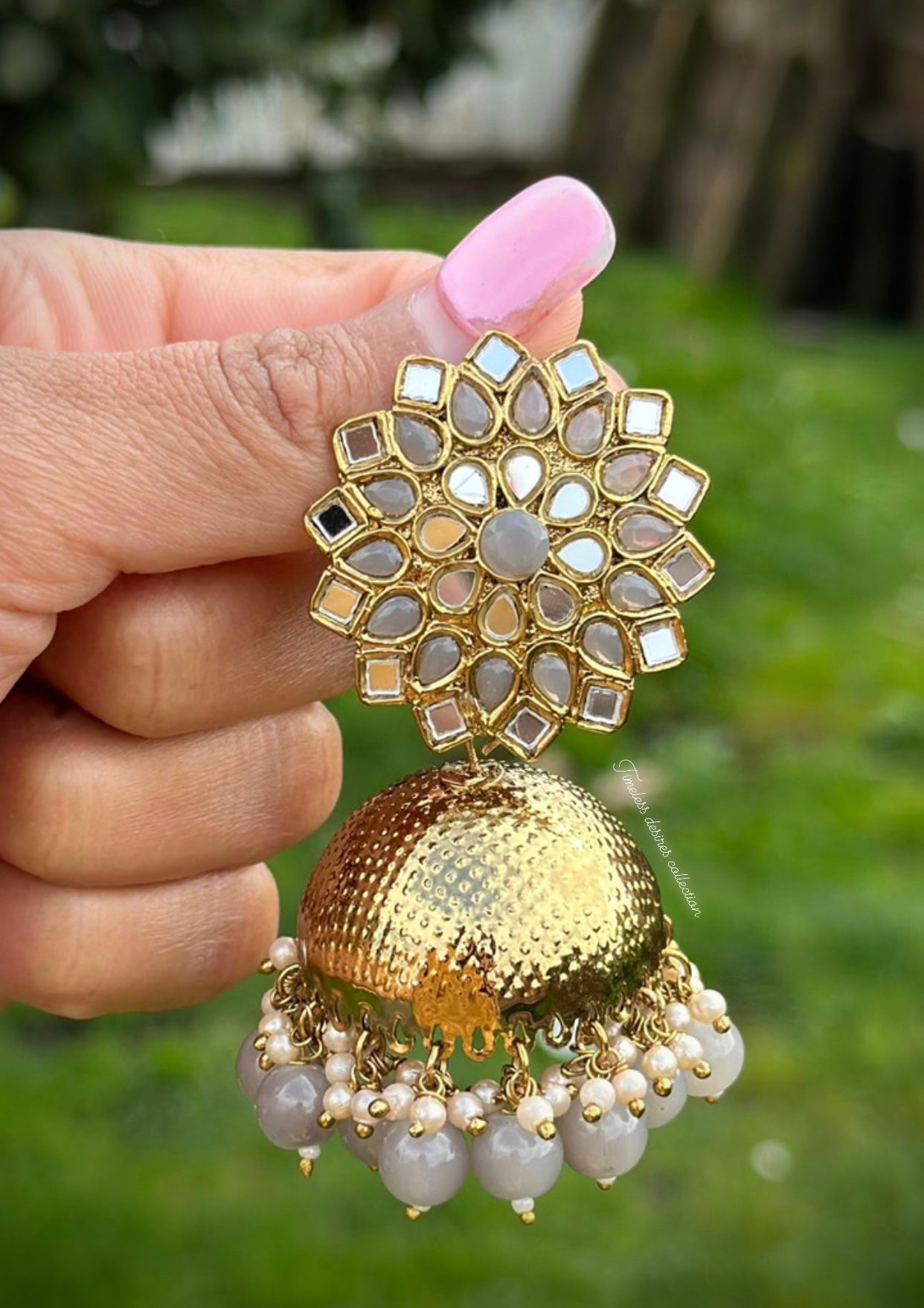 Grey Jhumka Earrings in mirror with copper base ( High quality )