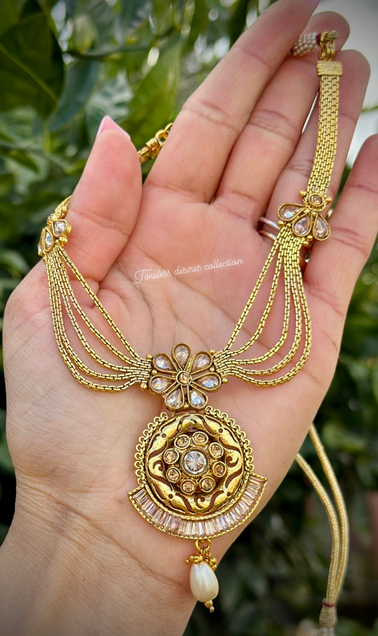 Gold plated Necklace set with jhumka earrings in Antique look