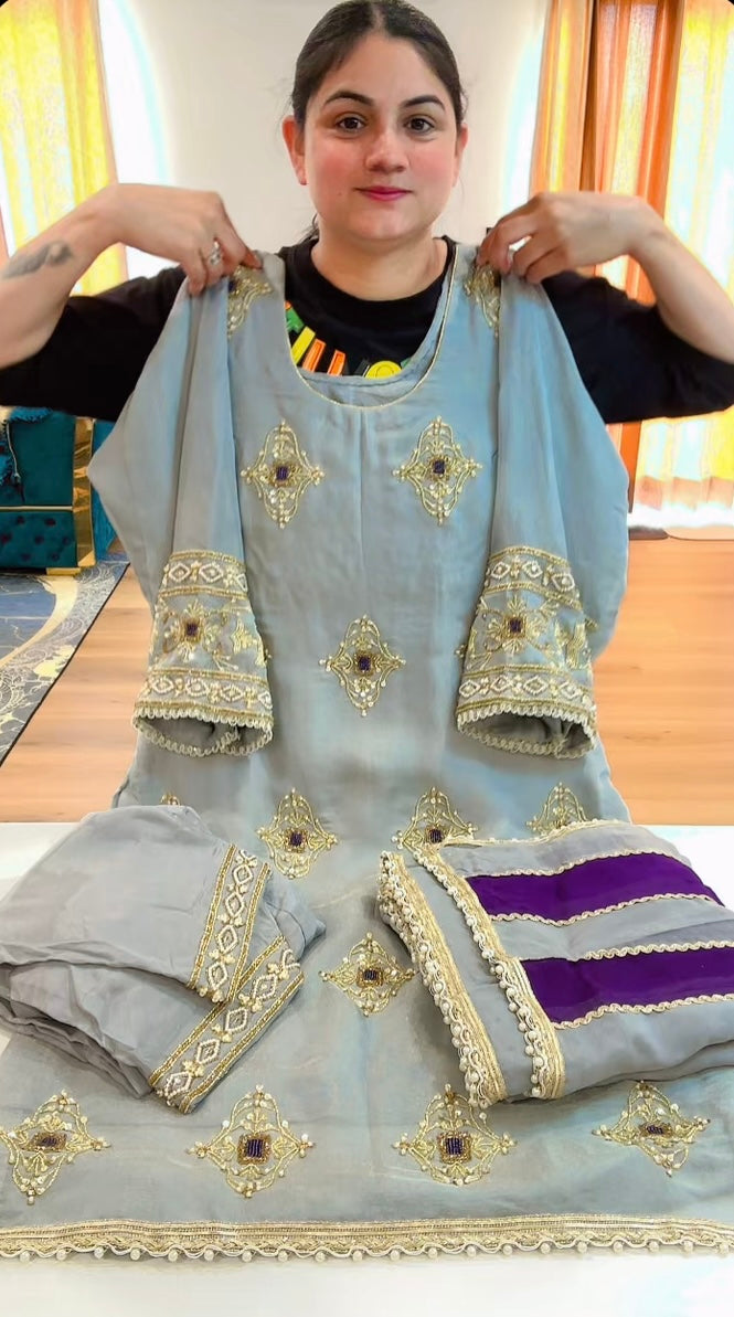 Partywear hand work suit (Colour: grey + purple), Code: 234