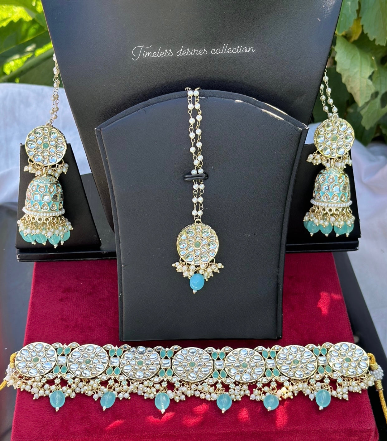 Sky blue or light blue choker / necklace set in meenakari kundan ( Sharara chains attached with jhumka )