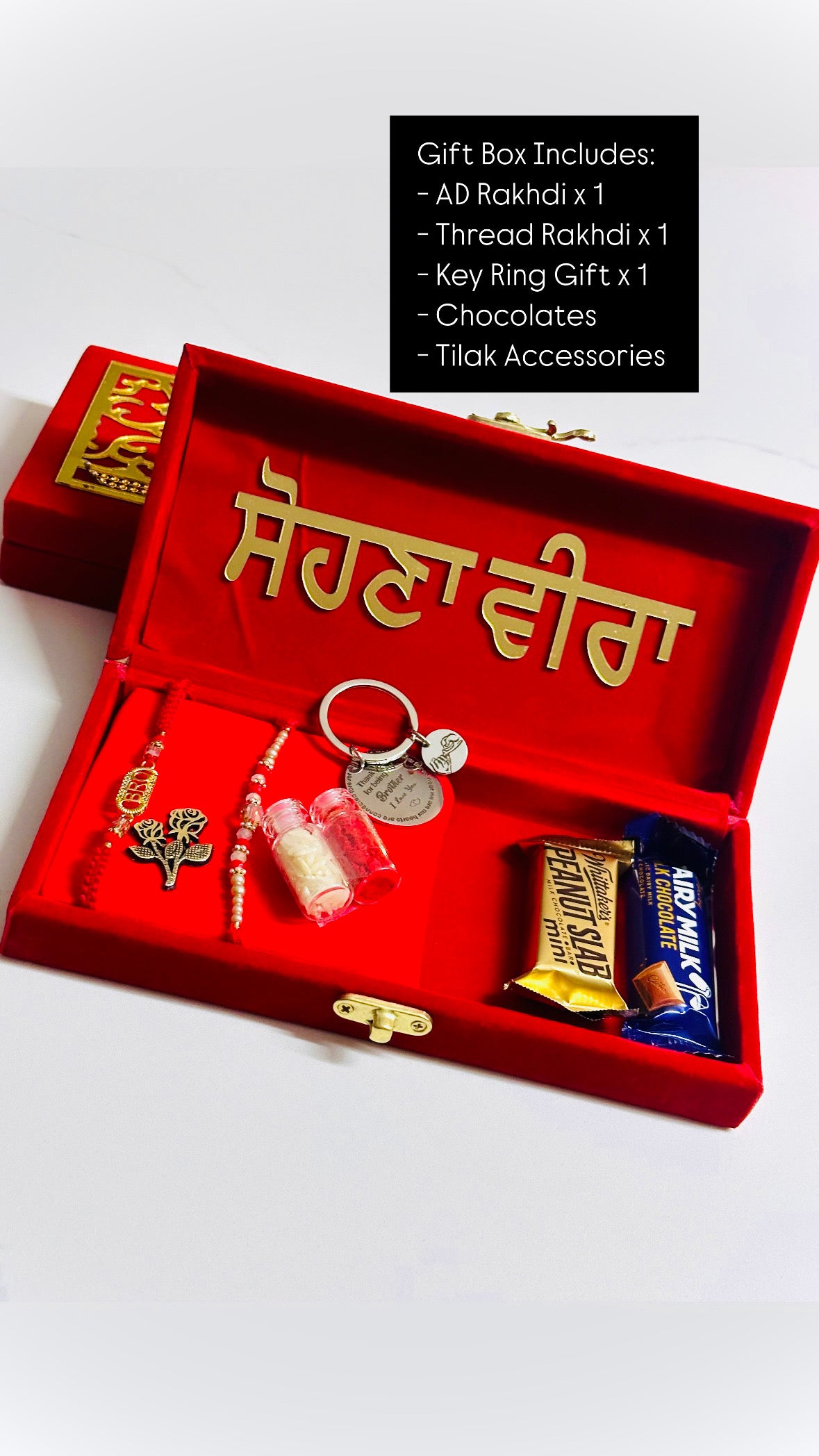 Rakhi / Rakhdi Gift Hamper Box with American Diamond Rakhdi and Gift - ( All in one with Assorted designs )