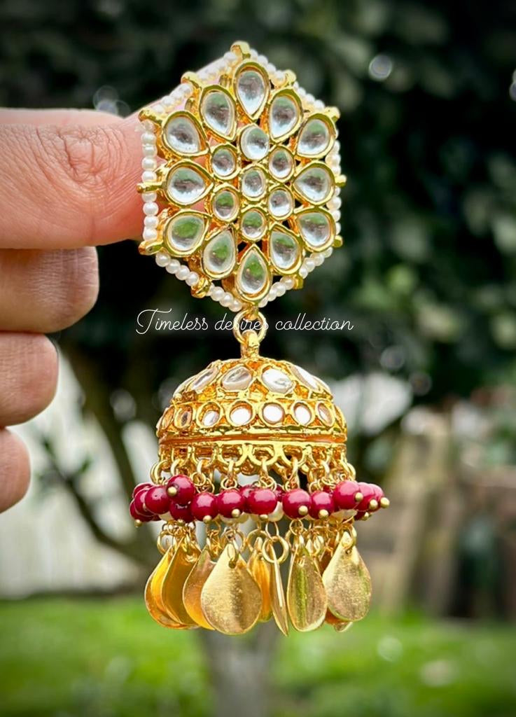 Maroon Jhumka earrings in Kundan with Pipal Patti