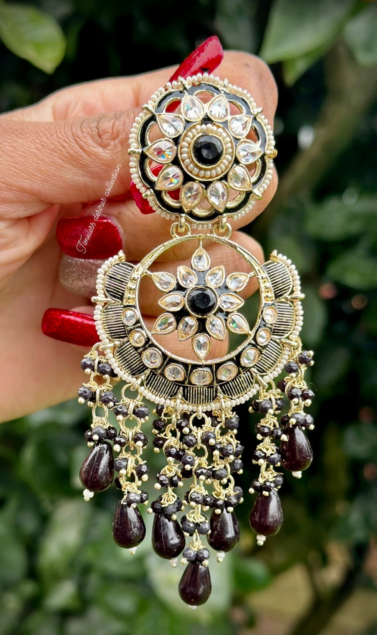 Black pearl drop earrings in Meenakari Kundan