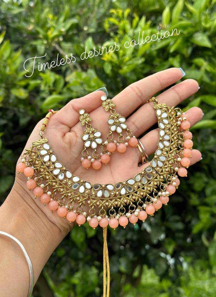 Peach necklace set with earrings