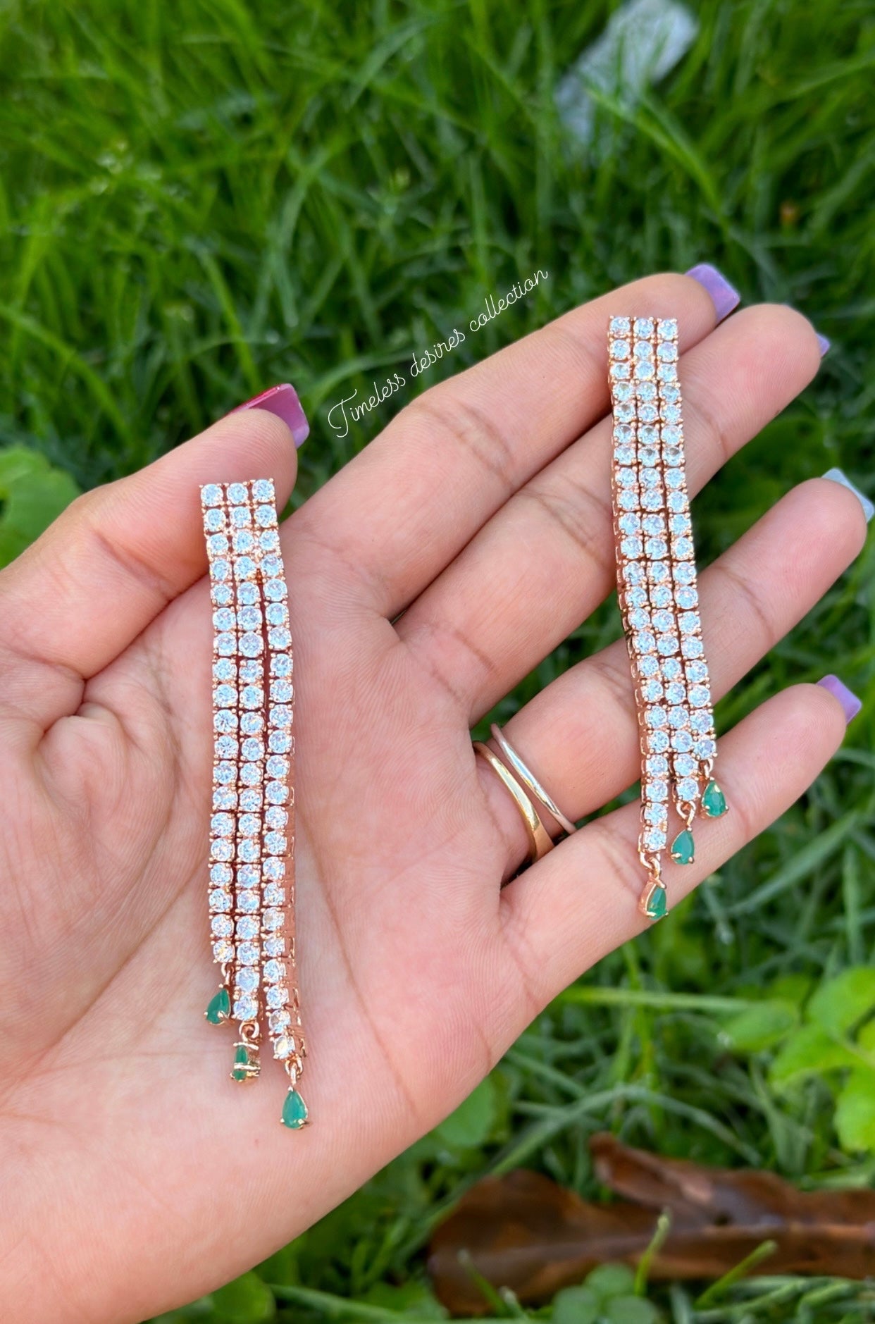 Green with rose golden American diamond earrings