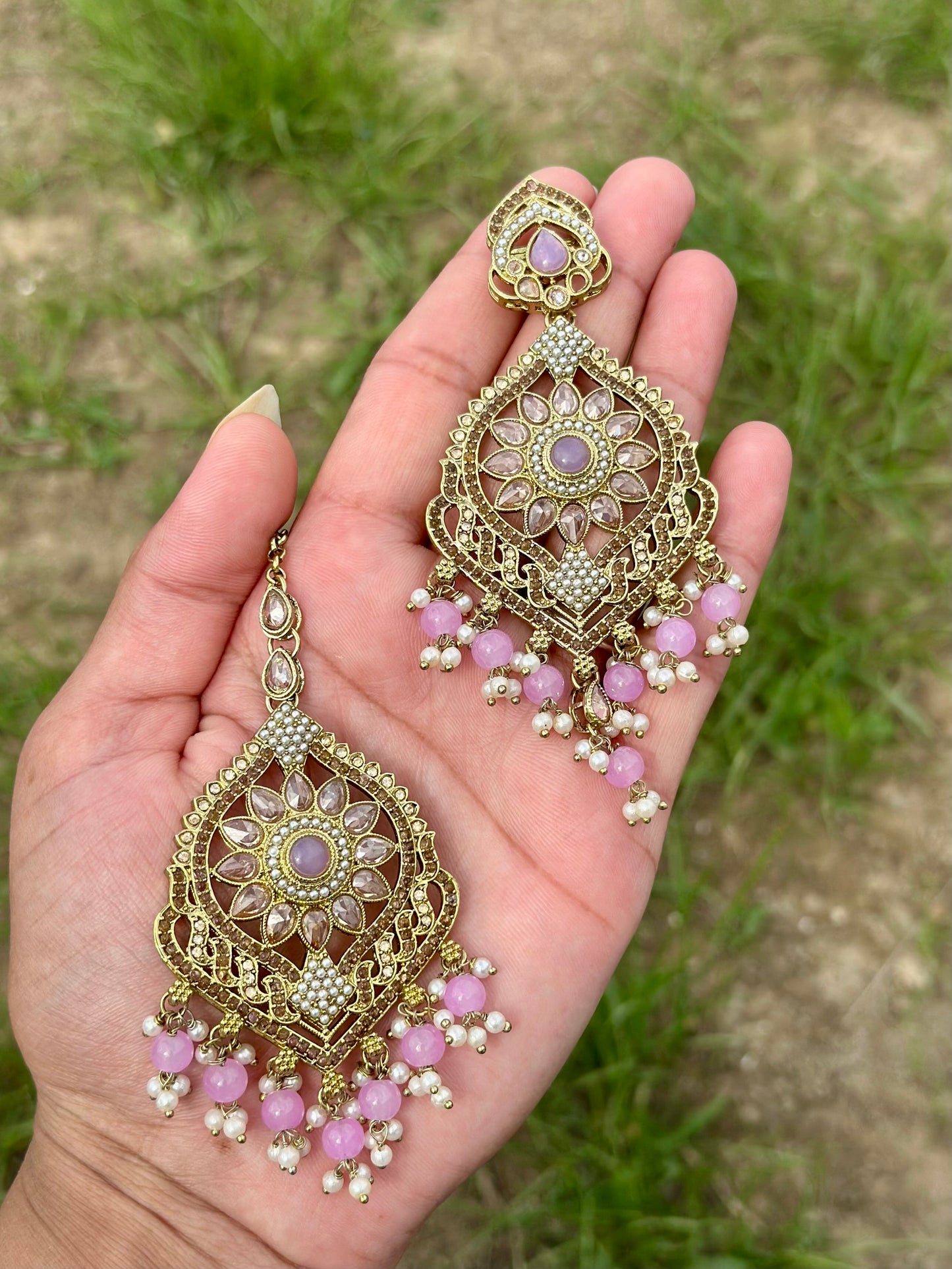 Baby pink earrings with tikka - J9
