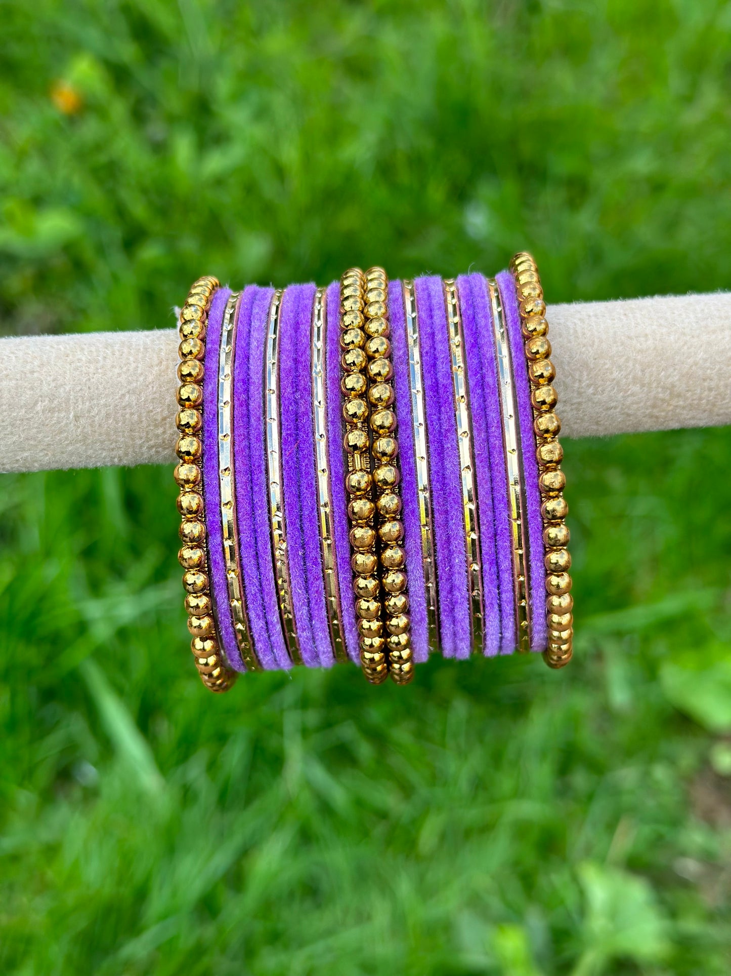 Lavender Purple velvet bangles set with golden beaded kangan’s