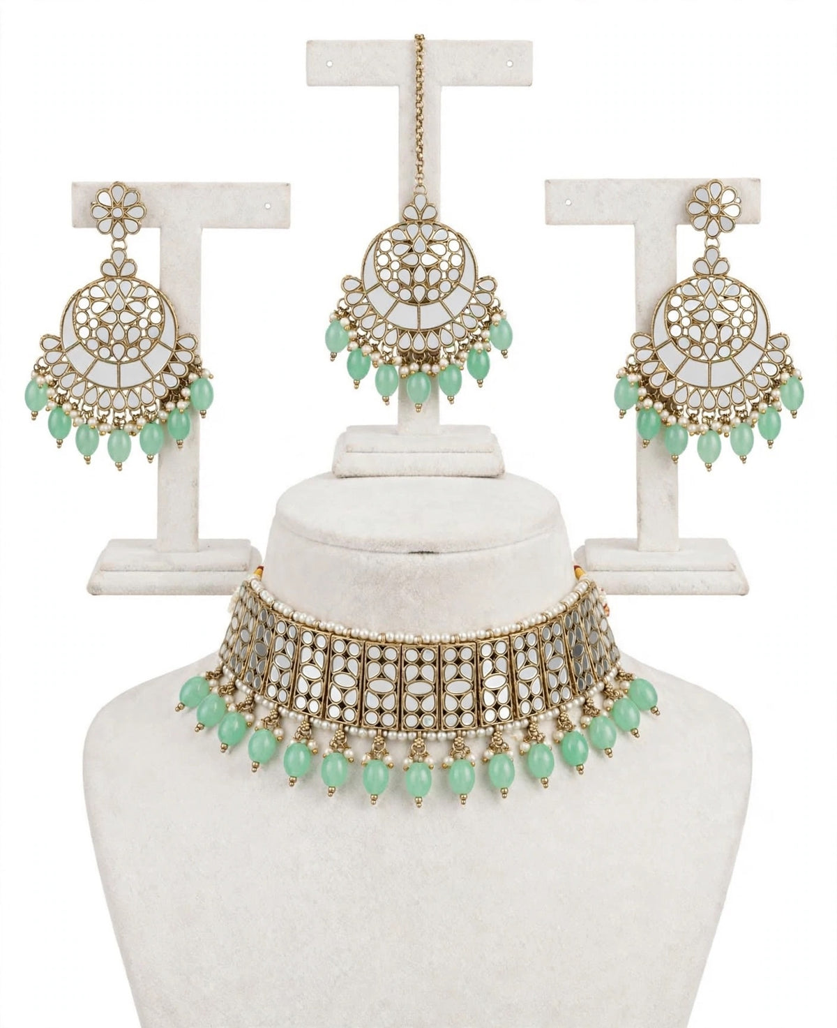 Mint colour choker / necklace set in mirror- n62