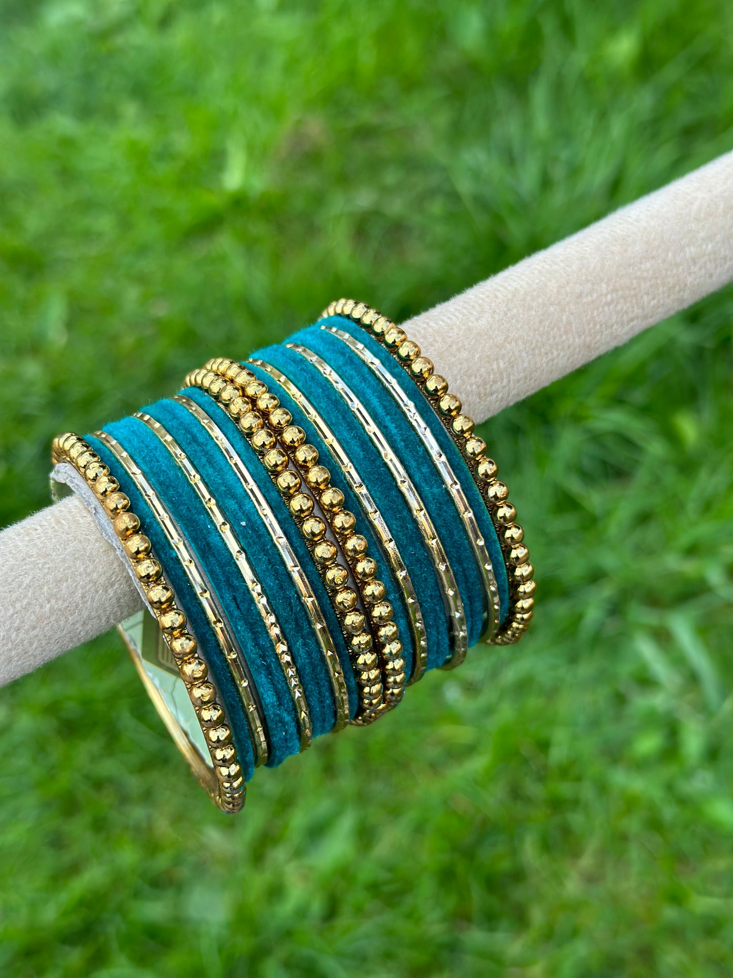 Peacock colour velvet bangles set with golden beaded kangan’s