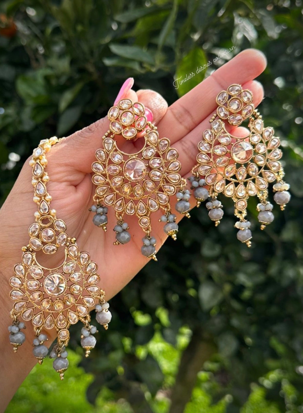 Grey earnings and tikka set in reverse AD ( high quality of Polki )