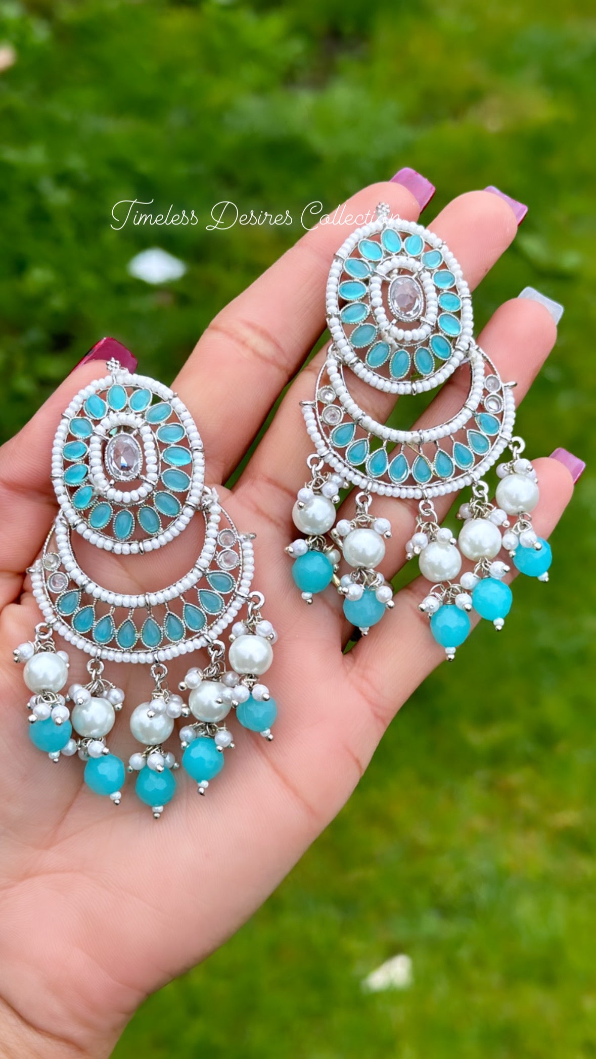 Sky Blue earrings in silver in polki