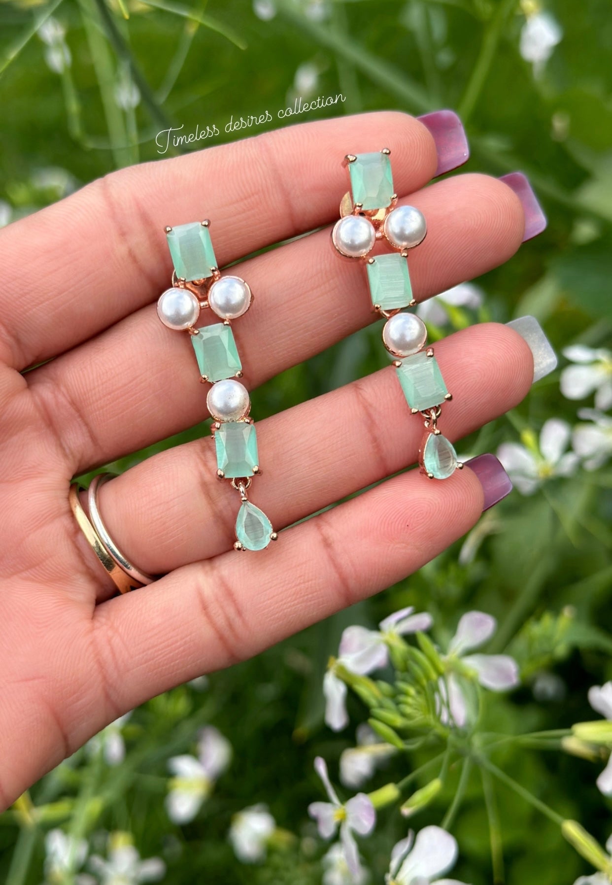 Mint green American diamond necklace set ( rose gold polish )