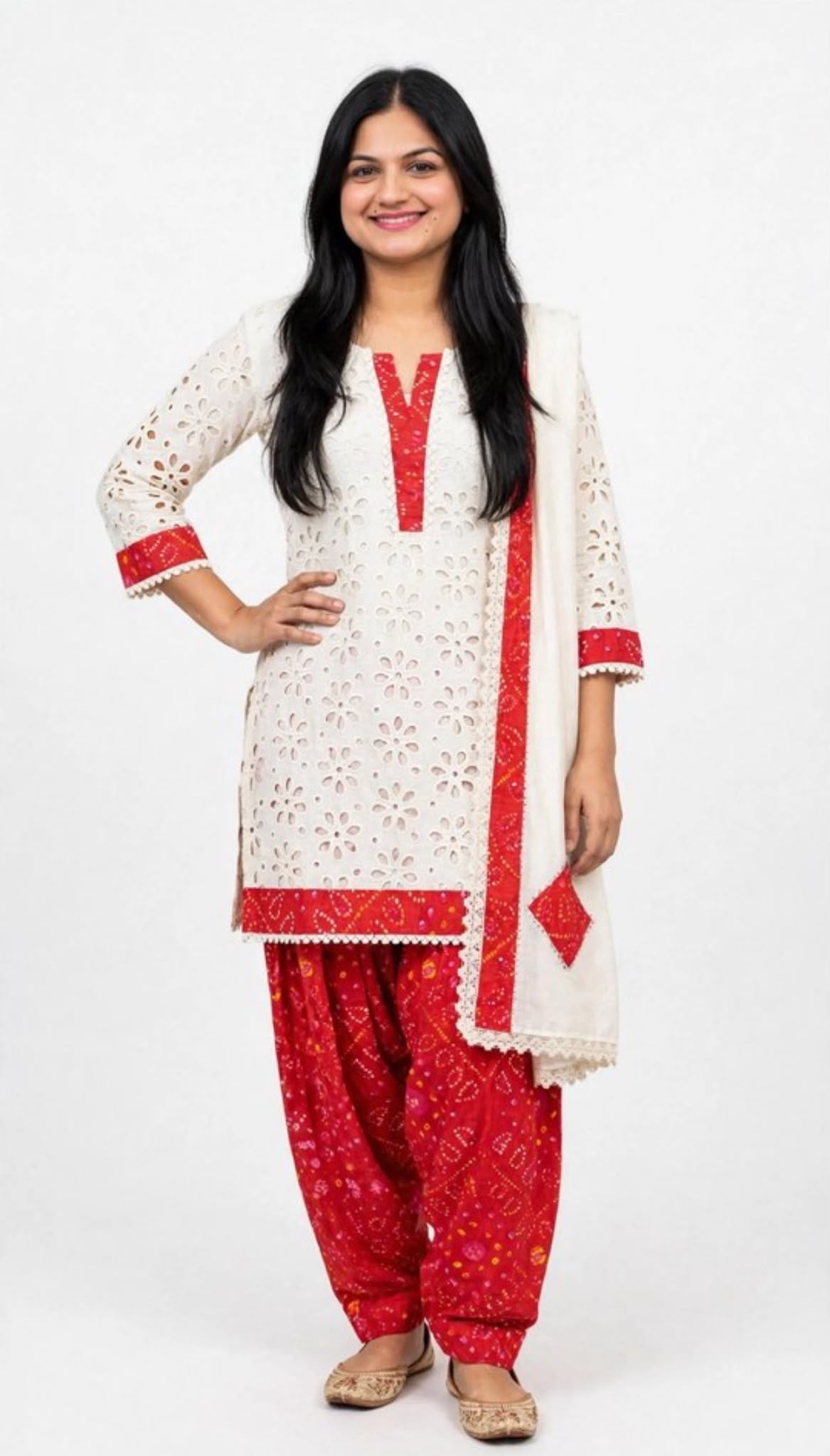 Chikenkari style with Jaipuri print cotton Farshi salwar suit - Code RE58