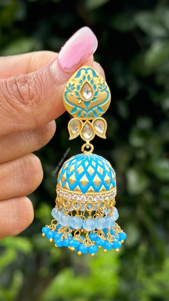 Sky blue Jhumka earrings in Meenakari with gold plating