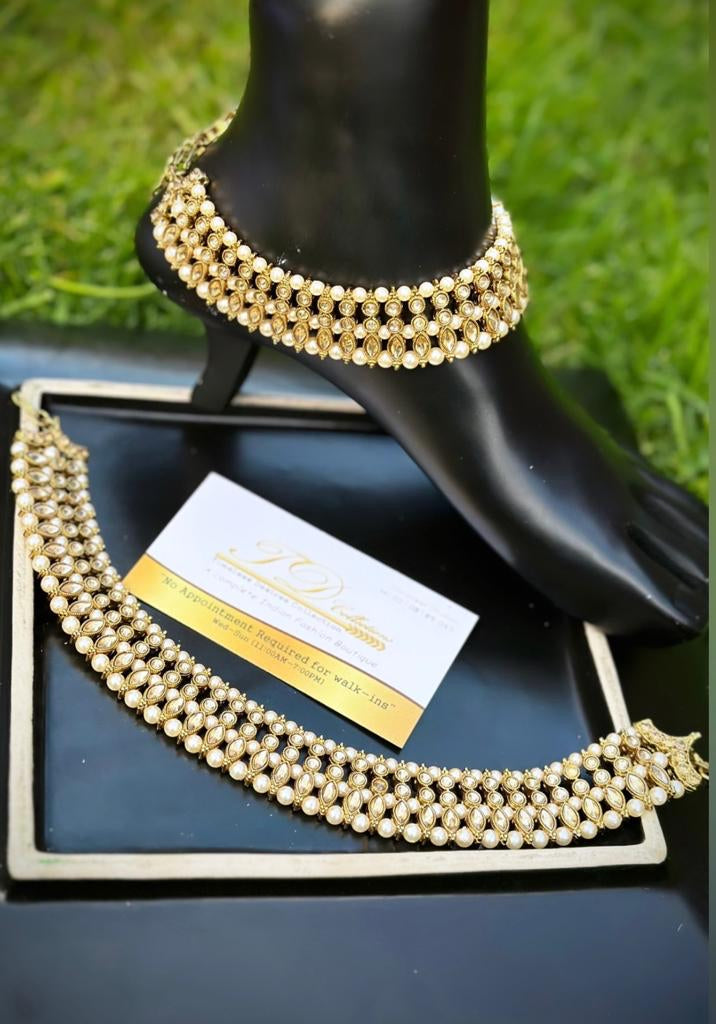 Triple stone golden Polki anklets / jhanjra (TD-21)