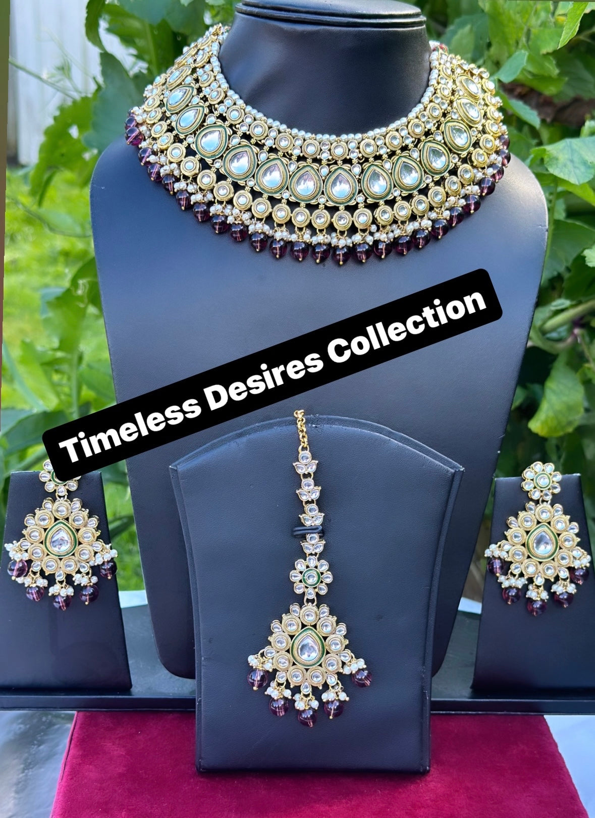 Wine or purple necklace / choker set in Kundan with antique polish ( high quality )
