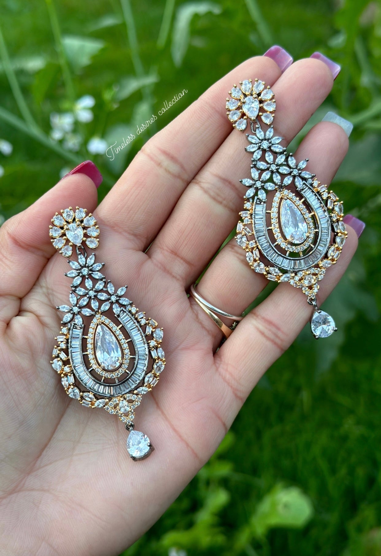 Golden and silver American diamond earrings ( Victorian polish )