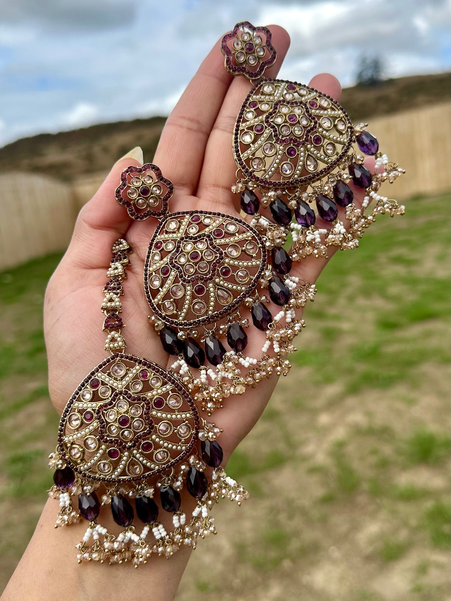 Dark purple earrings with tikka - J21