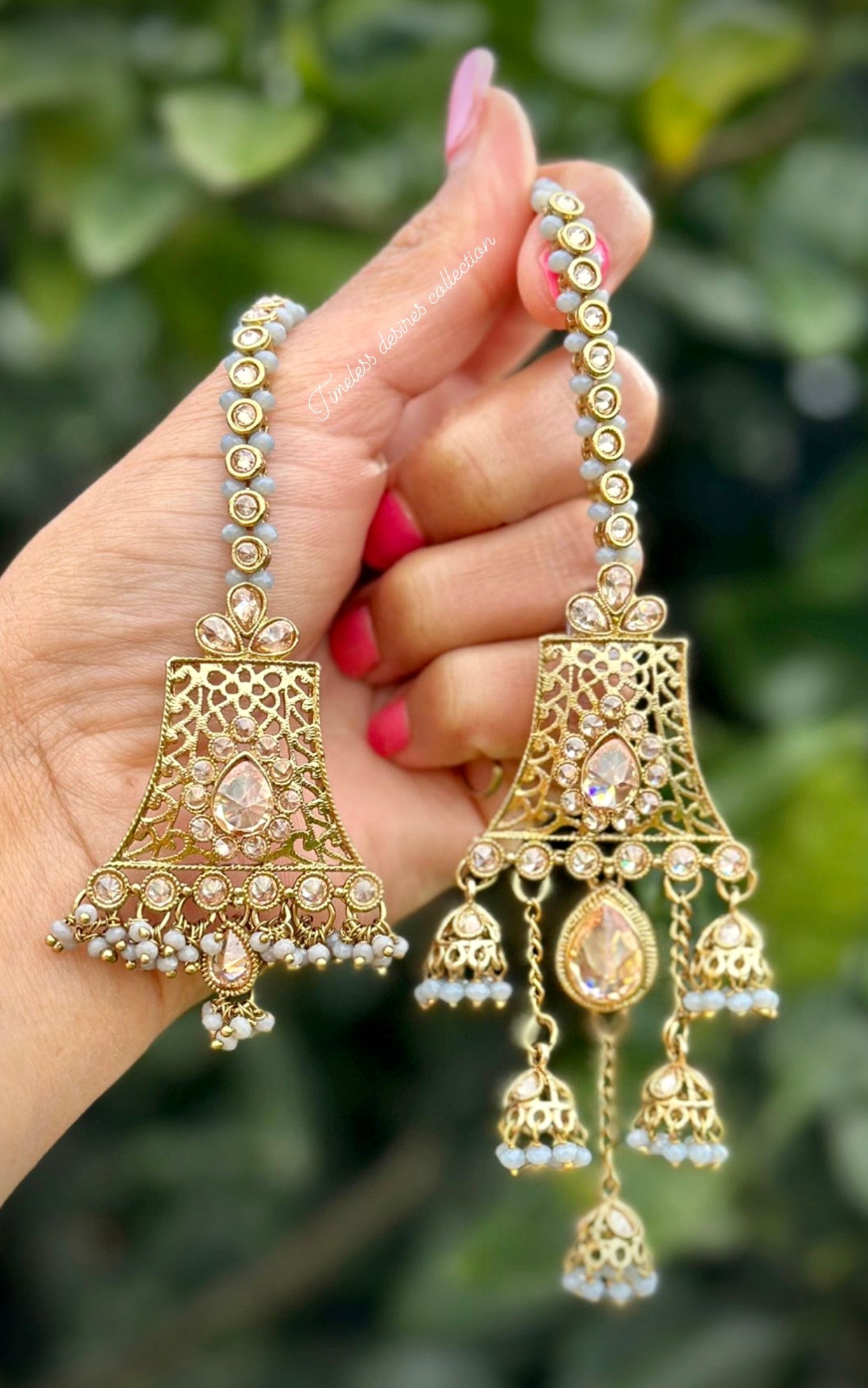 Grey Jhumka drop earrings and tikka set in reverse AD ( high quality of Polki )