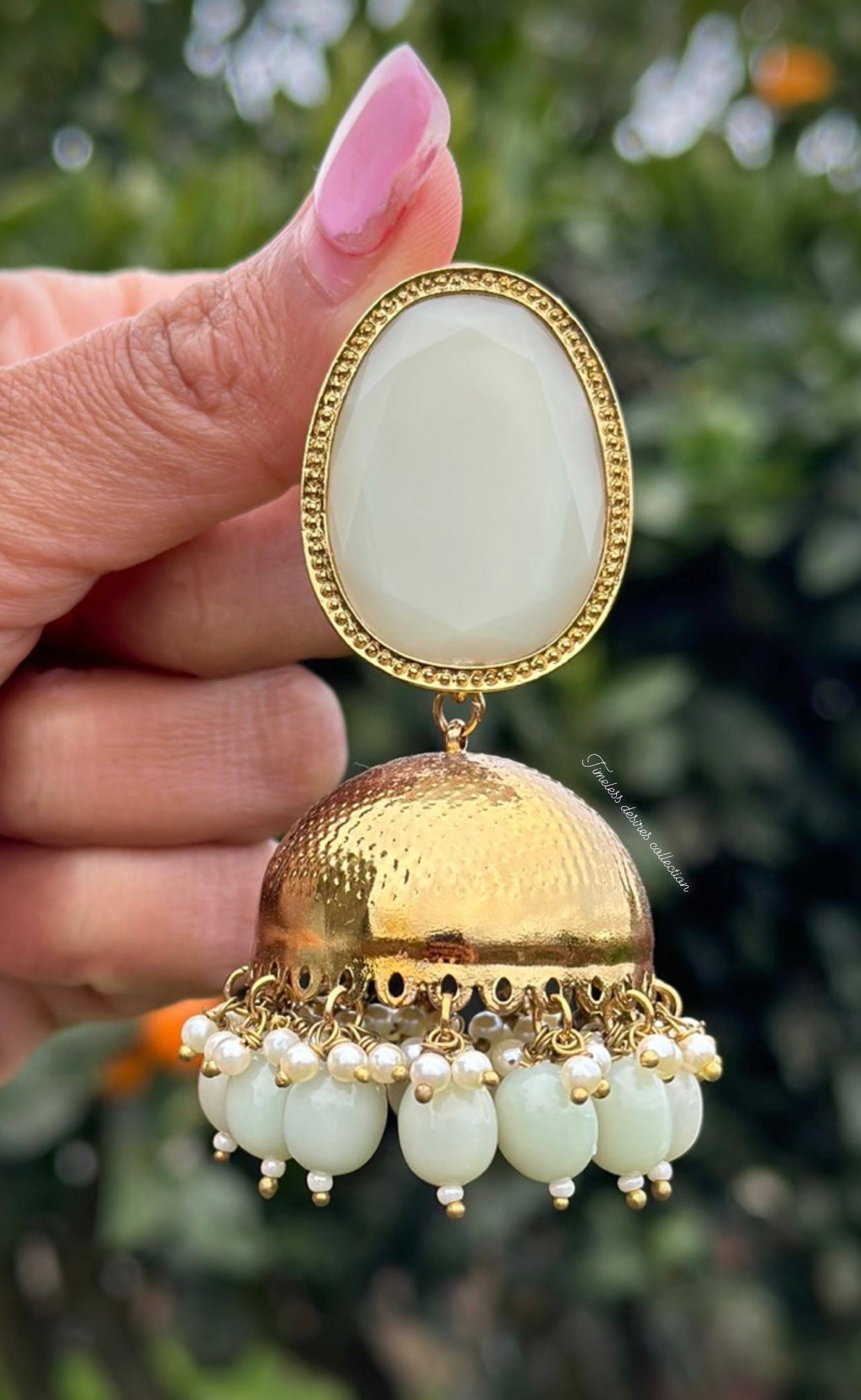 Mint or creamy green Jhumka earrings in Matt copper base
