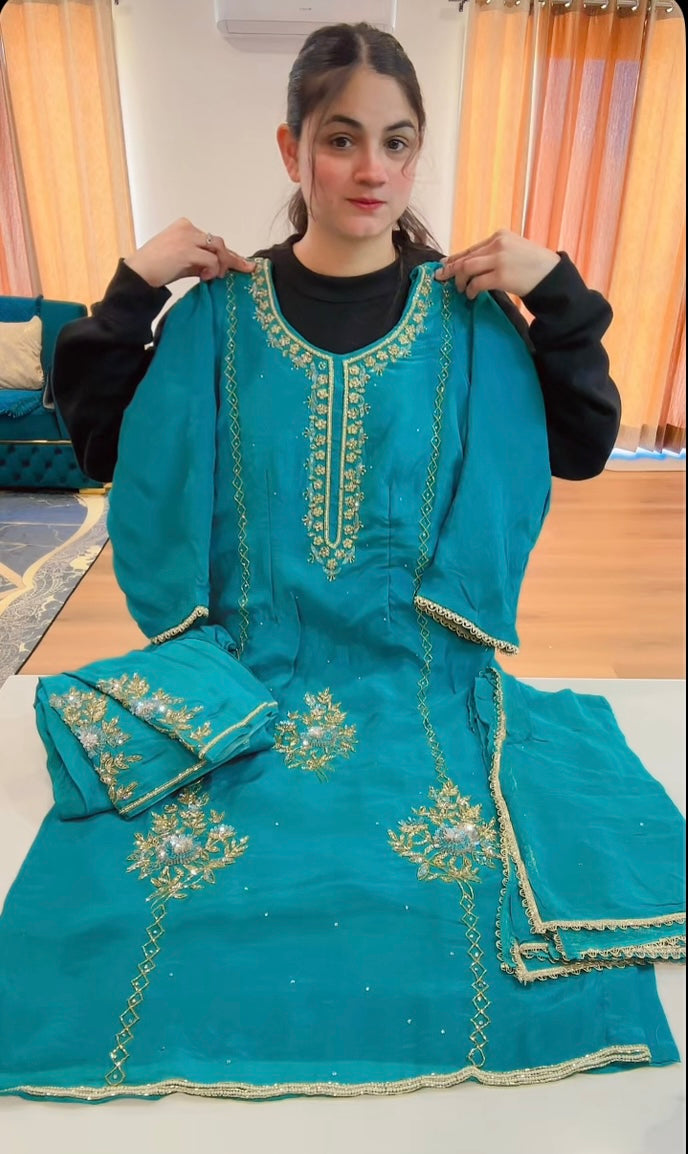 Sky blue suit with Handwork on natural crepe - ( Code: 715 )