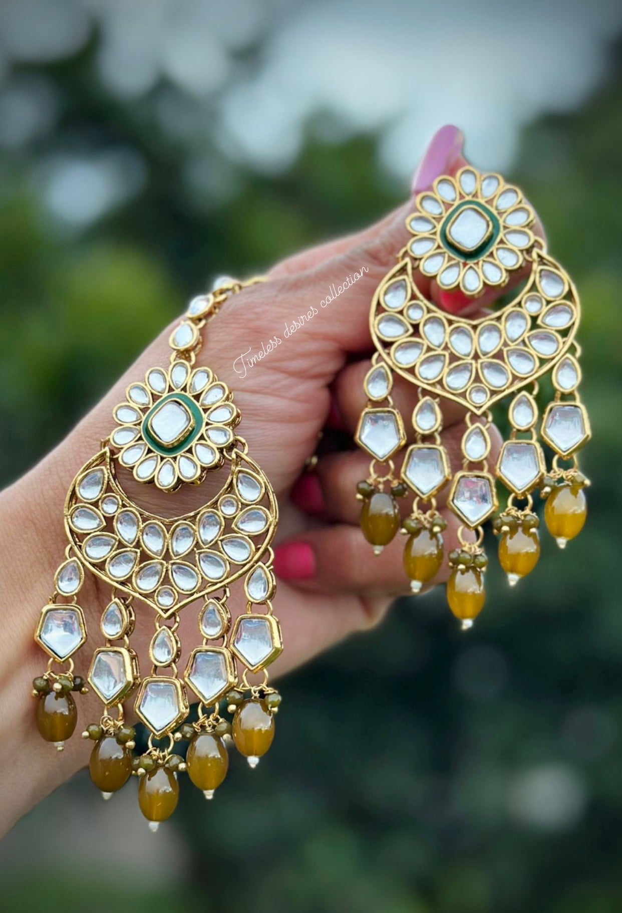 Mehndi green earrings and tikka set in Kundan