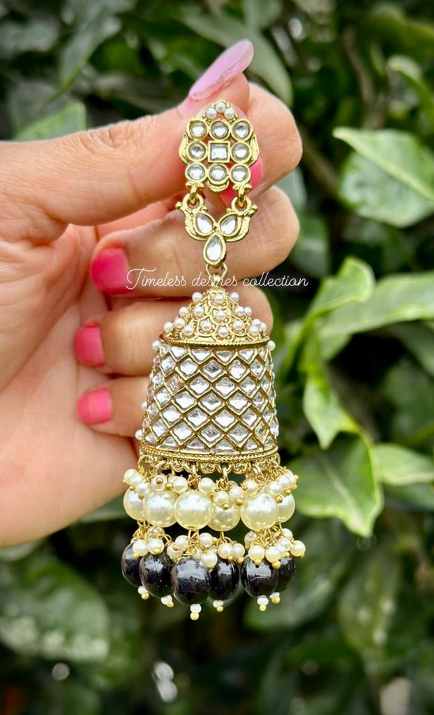 Black pearl loaded kundan Jhumka earrings