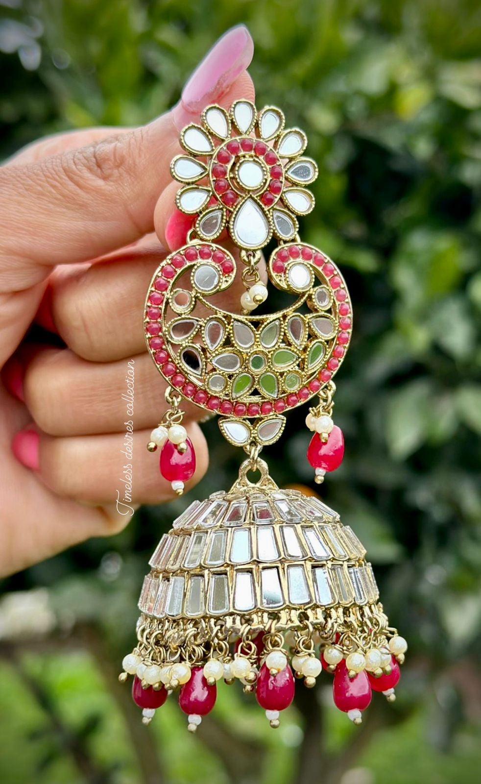 Maroon Long Jhumka earrings With Tikka in Mirror