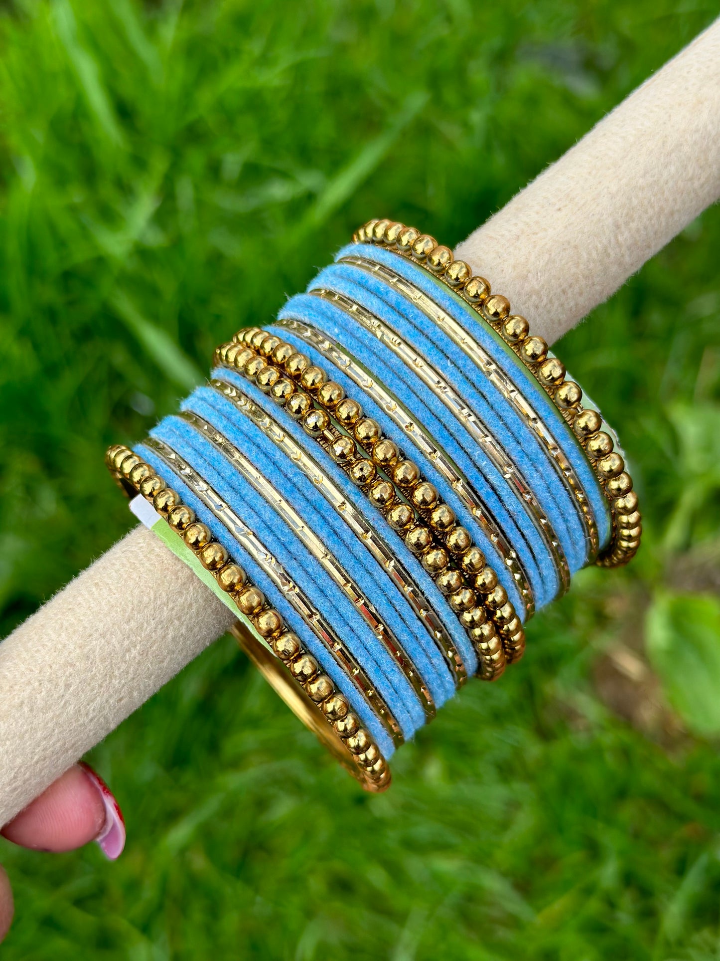Baby Blue velvet bangles set with golden beaded kangan’s
