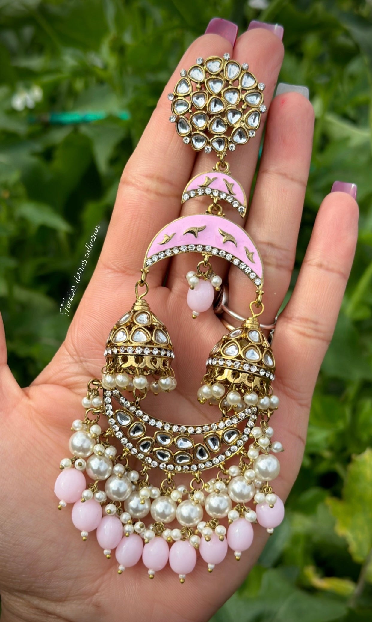 ( ITEM Code E-1 ) Baby pink colour jhumka drop earrings in Meenakari Kundan ( statement PC , High quality )