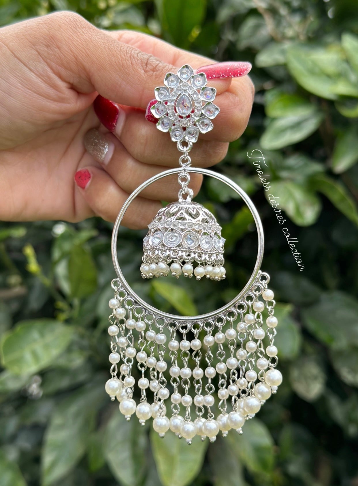 Silver pearl drop Jhumka waaliya in polki ( reverse AD )